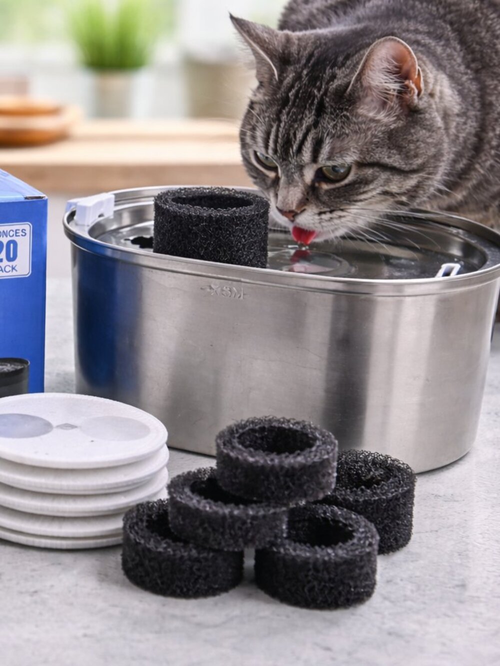 Stainless Steel Cat Water Fountain w/ 19 Filters Pet Drinking Fountain Bowl